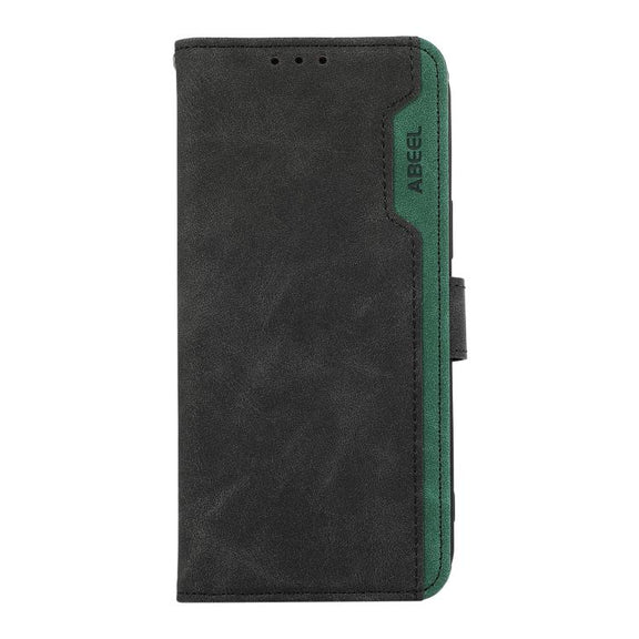 For iPhone 16e ABEEL Color Block Magnetic RFID Leather Phone Case(Black-Green)