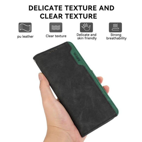 For iPhone 16e ABEEL Color Block Magnetic RFID Leather Phone Case(Black-Green)