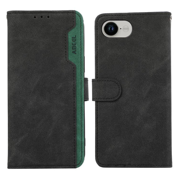For iPhone 16e ABEEL Color Block Magnetic RFID Leather Phone Case(Black-Green)