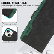For iPhone 16e ABEEL Color Block Magnetic RFID Leather Phone Case(Black-Green)