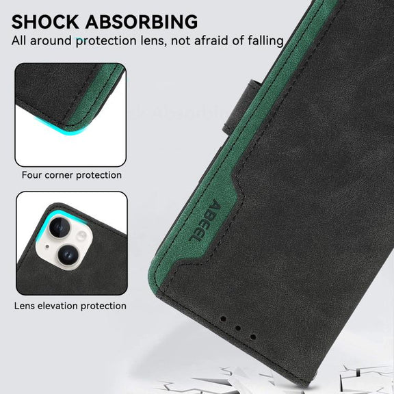 For iPhone 16e ABEEL Color Block Magnetic RFID Leather Phone Case(Black-Green)