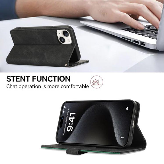 For iPhone 16e ABEEL Color Block Magnetic RFID Leather Phone Case(Black-Green)