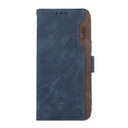 For iPhone 16e ABEEL Color Block Magnetic RFID Leather Phone Case(Blue-Brown)