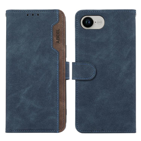 For iPhone 16e ABEEL Color Block Magnetic RFID Leather Phone Case(Blue-Brown)