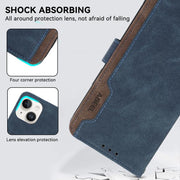 For iPhone 16e ABEEL Color Block Magnetic RFID Leather Phone Case(Blue-Brown)