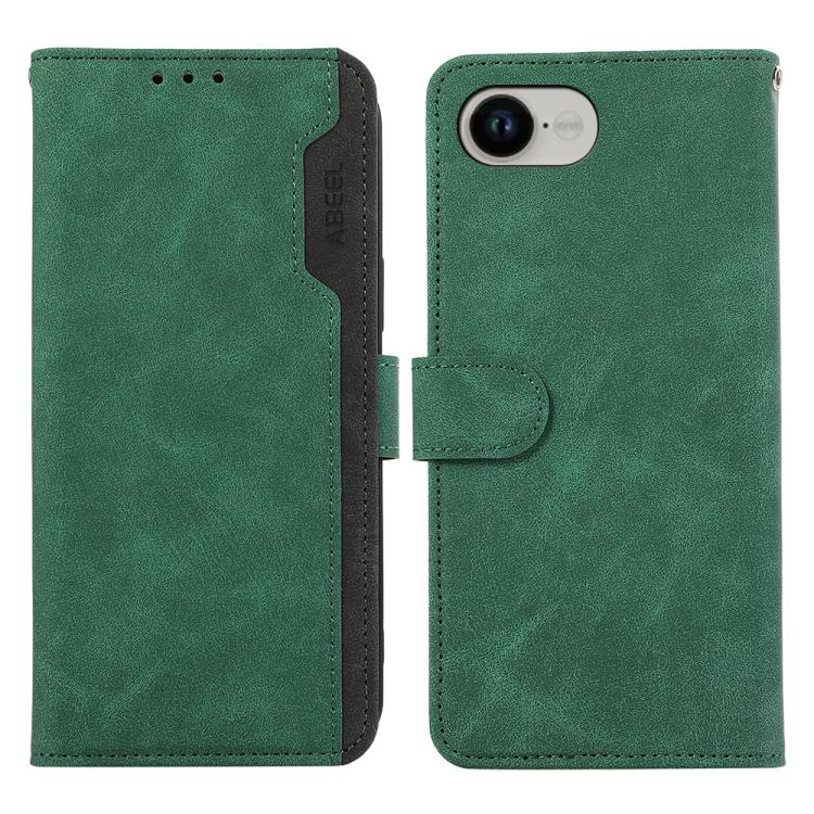 For iPhone 16e ABEEL Color Block Magnetic RFID Leather Phone Case(Green-Black)