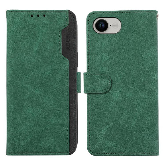 For iPhone 16e ABEEL Color Block Magnetic RFID Leather Phone Case(Green-Black)