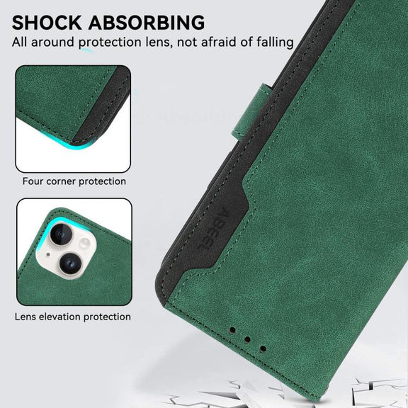For iPhone 16e ABEEL Color Block Magnetic RFID Leather Phone Case(Green-Black)