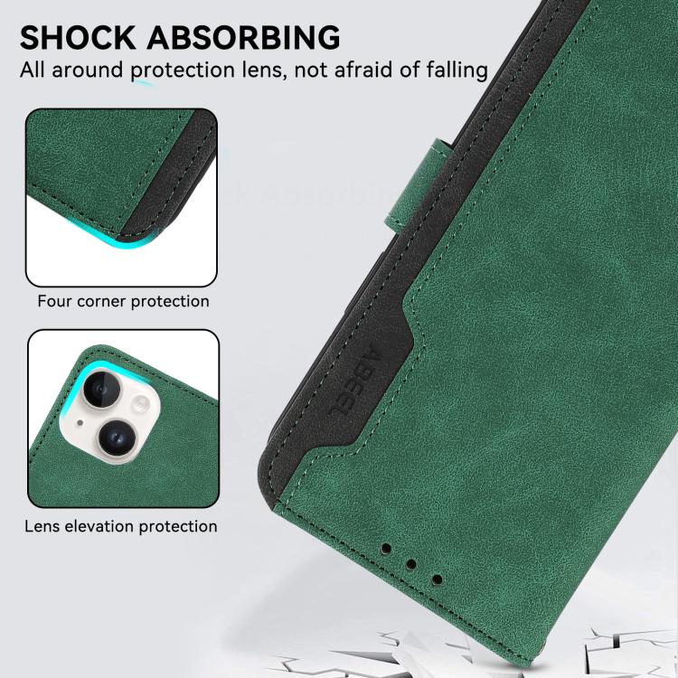 For iPhone 16e ABEEL Color Block Magnetic RFID Leather Phone Case(Green-Black)