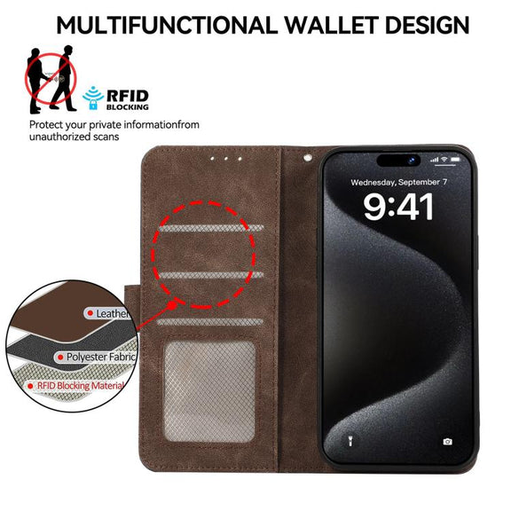 For iPhone 16e ABEEL Color Block Magnetic RFID Leather Phone Case(Brown-Blue)