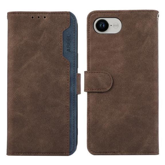 For iPhone 16e ABEEL Color Block Magnetic RFID Leather Phone Case(Brown-Blue)