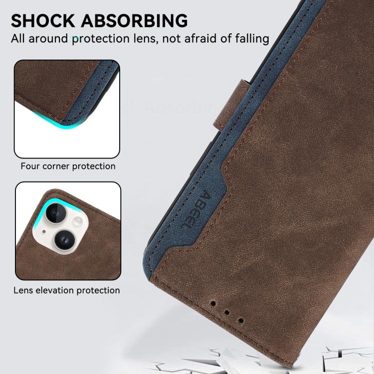 For iPhone 16e ABEEL Color Block Magnetic RFID Leather Phone Case(Brown-Blue)