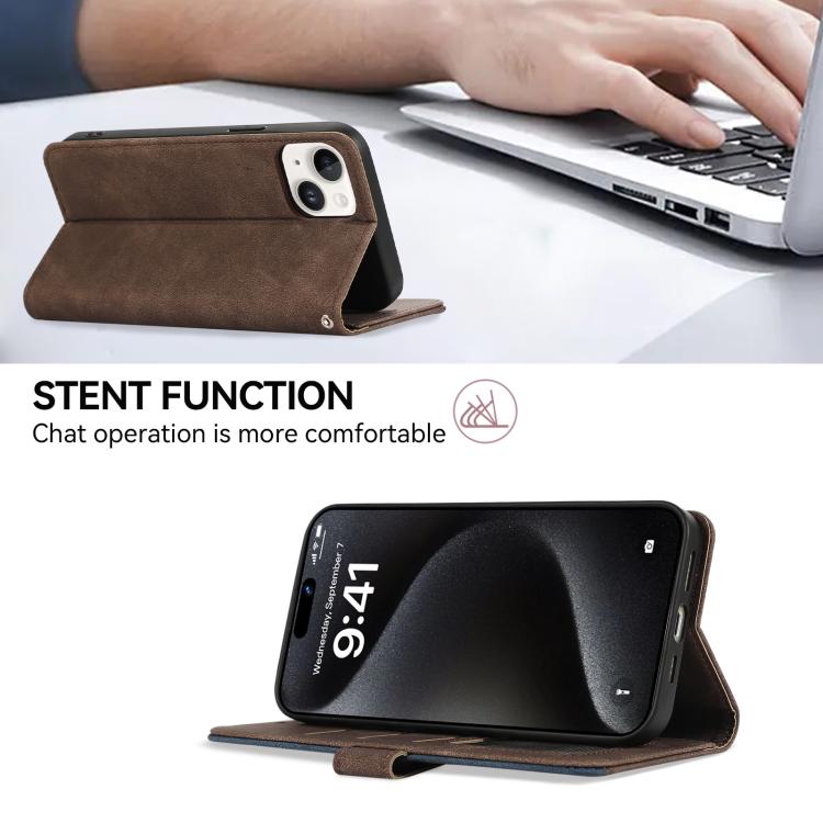 For iPhone 16e ABEEL Color Block Magnetic RFID Leather Phone Case(Brown-Blue)