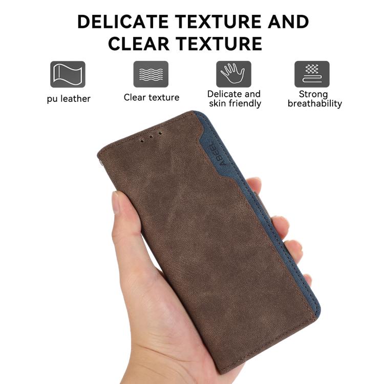 For iPhone 17 ABEEL Color Block Magnetic RFID Leather Phone Case(Brown-Blue)