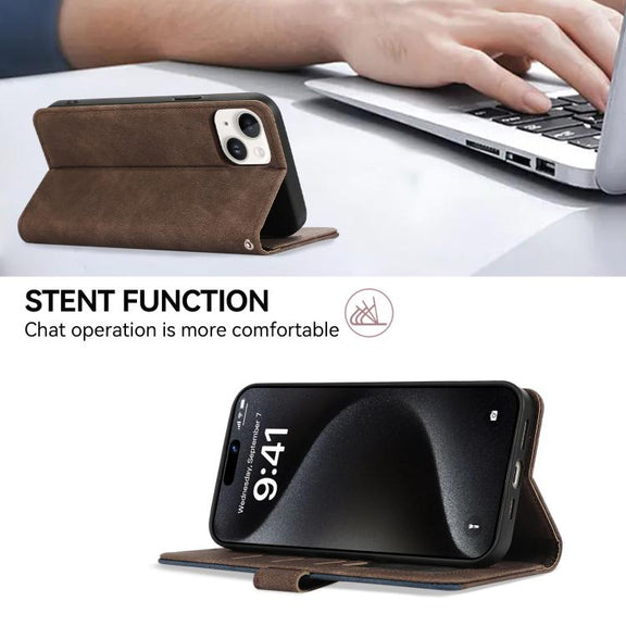 For iPhone 17 ABEEL Color Block Magnetic RFID Leather Phone Case(Brown-Blue)