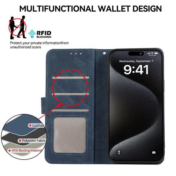 For iPhone 17 Pro ABEEL Color Block Magnetic RFID Leather Phone Case(Blue-Brown)