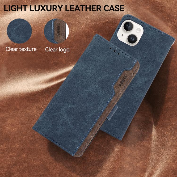 For iPhone 17 Pro ABEEL Color Block Magnetic RFID Leather Phone Case(Blue-Brown)