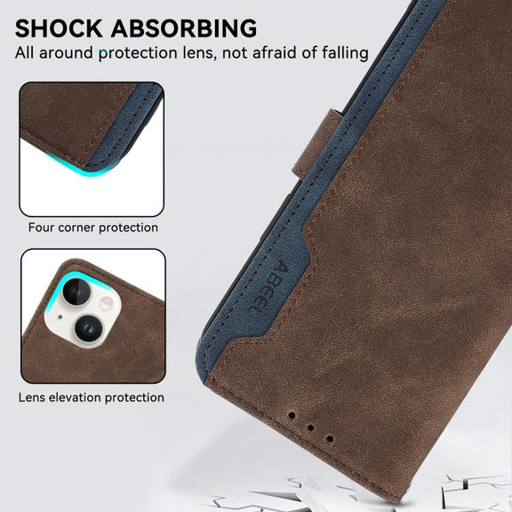 For iPhone 17 Pro ABEEL Color Block Magnetic RFID Leather Phone Case(Brown-Blue)
