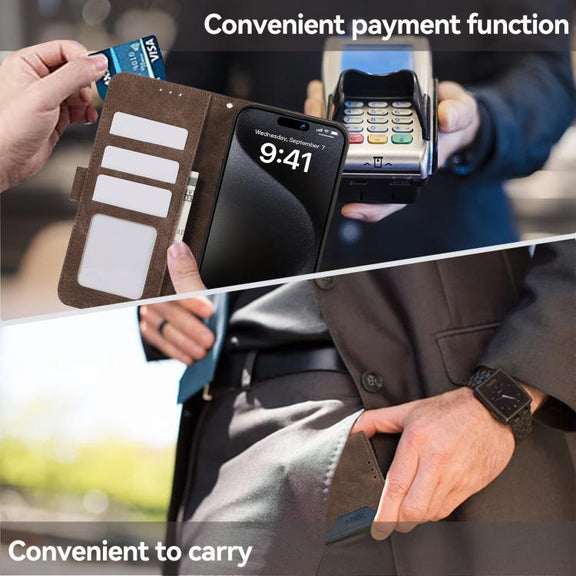 For iPhone 17 Pro Max ABEEL Color Block Magnetic RFID Leather Phone Case(Brown-Blue)
