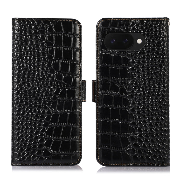 For Google Pixel 9a Crocodile Top Layer Cowhide Leather Phone Case(Black)