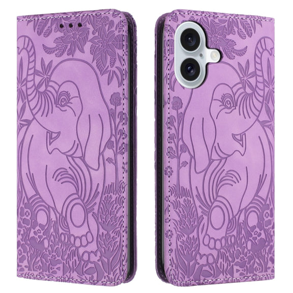 For iPhone 16 Retro Elephant Embossed Leather Phone Case(Purple)