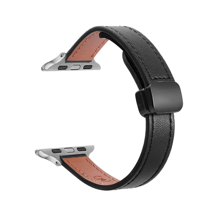 For Apple Watch Series 3 38mm Slim Magnetic Buckle Genuine Leather Watch Band(Plain Black)