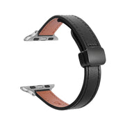For Apple Watch Series 3 42mm Slim Magnetic Buckle Genuine Leather Watch Band(Plain Black)
