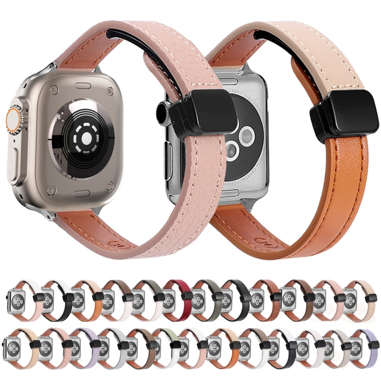 For Apple Watch SE 40mm Slim Magnetic Buckle Genuine Leather Watch Band(Plain Black)