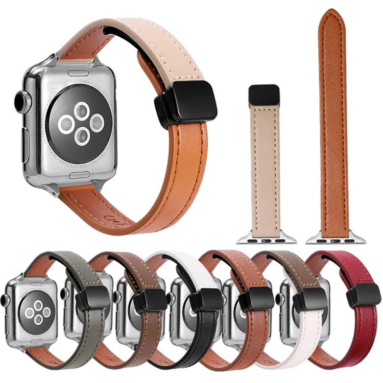 For Apple Watch 38mm Slim Magnetic Buckle Genuine Leather Watch Band(Plain Beige Coffee)
