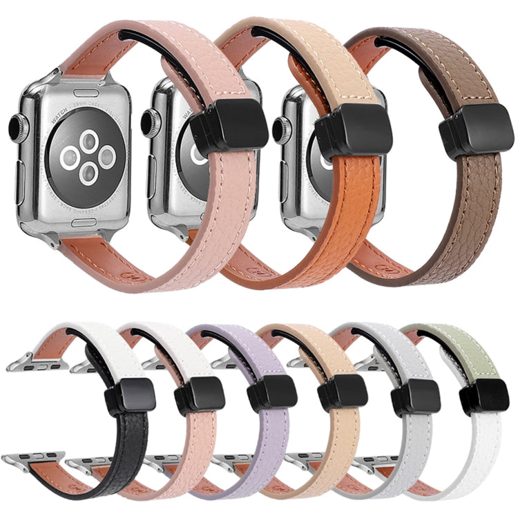 For Apple Watch 42mm Slim Magnetic Buckle Genuine Leather Watch Band(Plain Black Beige)