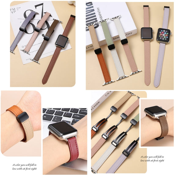 For Apple Watch 42mm Slim Magnetic Buckle Genuine Leather Watch Band(Plain Pink)