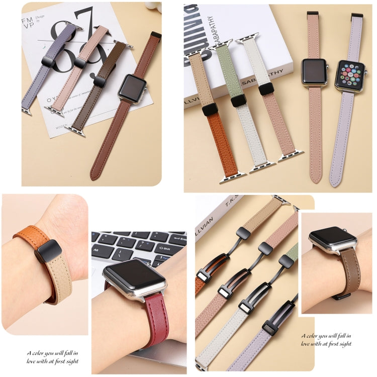 For Apple Watch 42mm Slim Magnetic Buckle Genuine Leather Watch Band(Plain Pink)