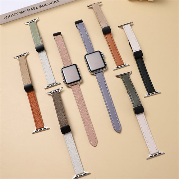 For Apple Watch SE 40mm Slim Magnetic Buckle Genuine Leather Watch Band(Plain Black)