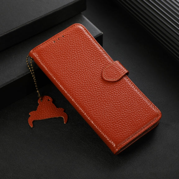 For OnePlus 13 Genuine Leather Litchi Texture RFID Leather Phone Case(Coffee)