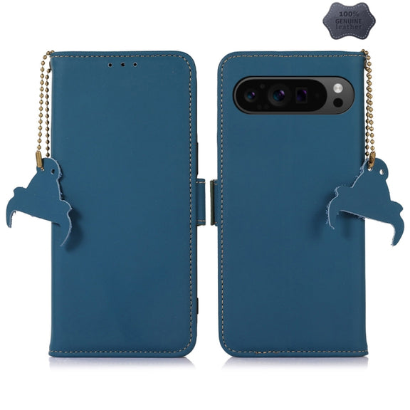 For Google Pixel 9 Genuine Leather Magnetic RFID Leather Phone Case(Blue)