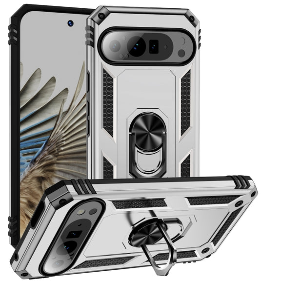 For Google Pixel 9 Pro Shockproof TPU + PC Phone Case with Holder(Silver)