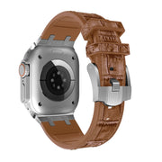 For Apple Watch Ultra 2 49mm Crocodile Texture Liquid Silicone Watch Band(Silver Yellow Brown)