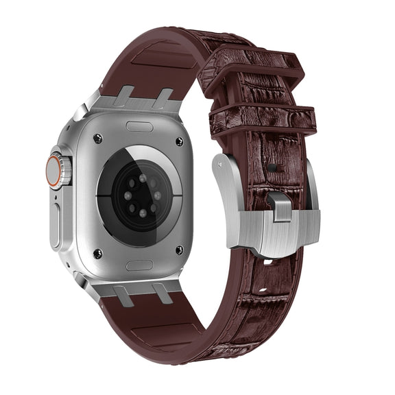 For Apple Watch Series 9 45mm Crocodile Texture Liquid Silicone Watch Band(Silver Dark Brown)