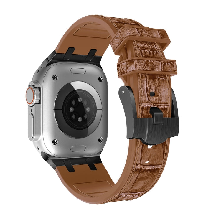 For Apple Watch Series 9 41mm Crocodile Texture Liquid Silicone Watch Band(Black Yellow Brown)