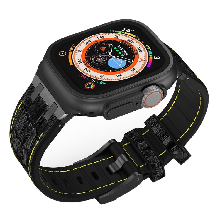 For Apple Watch Series 8 41mm Crocodile Texture Liquid Silicone Watch Band(Black Yellow Black)