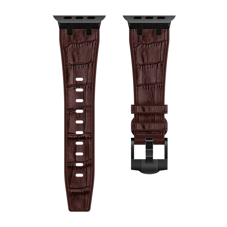 For Apple Watch Series 8 41mm Crocodile Texture Liquid Silicone Watch Band(Black Dark Brown)