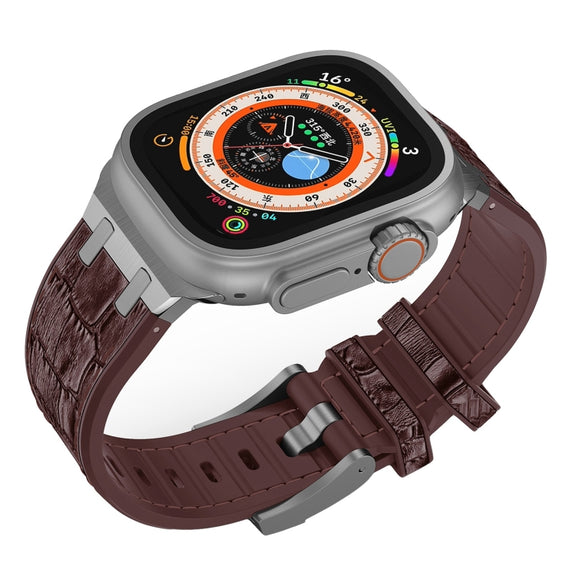 For Apple Watch Series 8 41mm Crocodile Texture Liquid Silicone Watch Band(Silver Dark Brown)