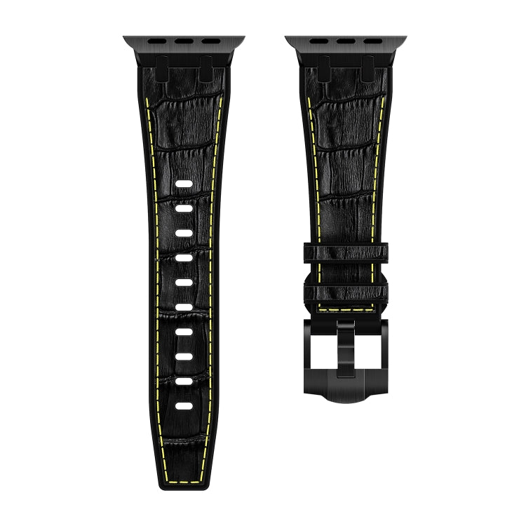 For Apple Watch SE 2022 44mm Crocodile Texture Liquid Silicone Watch Band(Black Yellow Black)