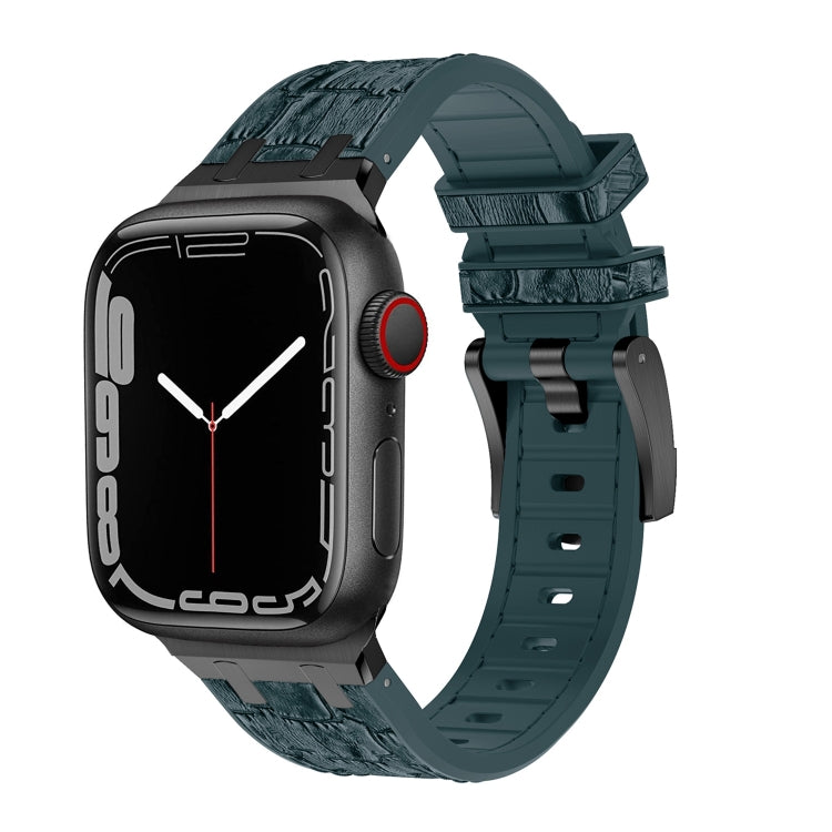For Apple Watch SE 2022 44mm Crocodile Texture Liquid Silicone Watch Band(Black Deep Green)