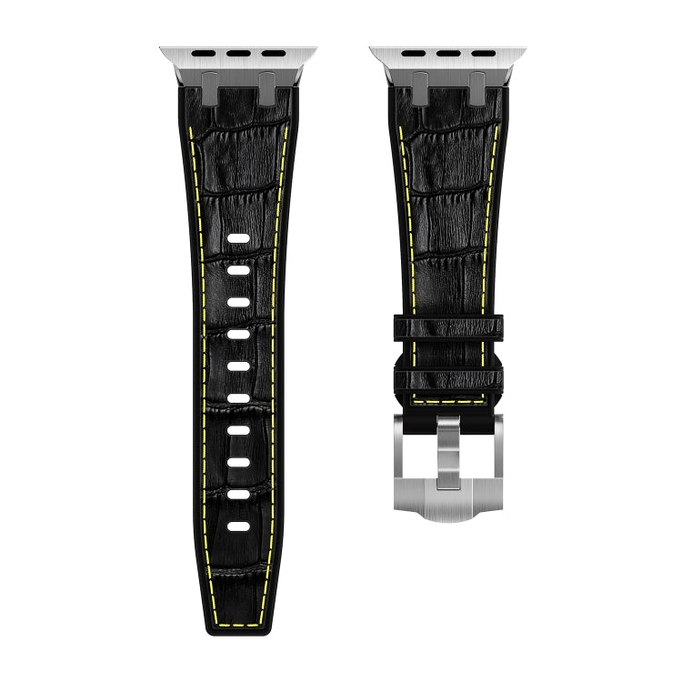 For Apple Watch Series 7 45mm Crocodile Texture Liquid Silicone Watch Band(Silver Yellow Black)