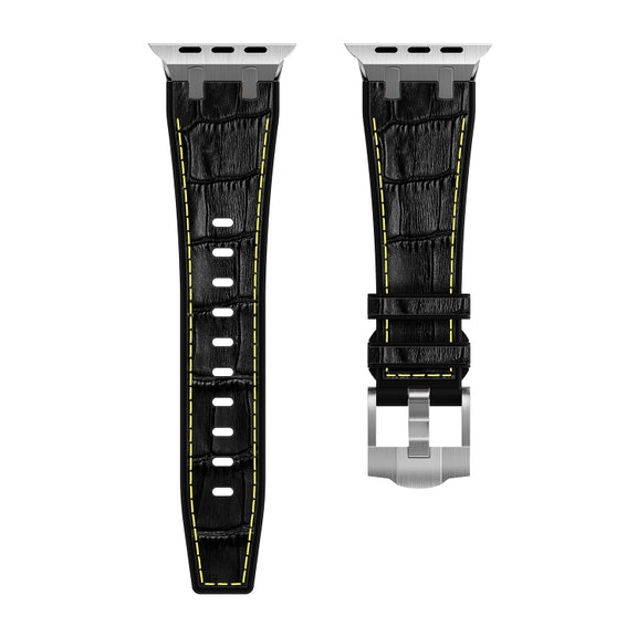 For Apple Watch Series 7 45mm Crocodile Texture Liquid Silicone Watch Band(Silver Yellow Black)