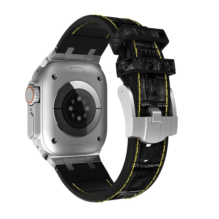 For Apple Watch Series 7 45mm Crocodile Texture Liquid Silicone Watch Band(Silver Yellow Black)