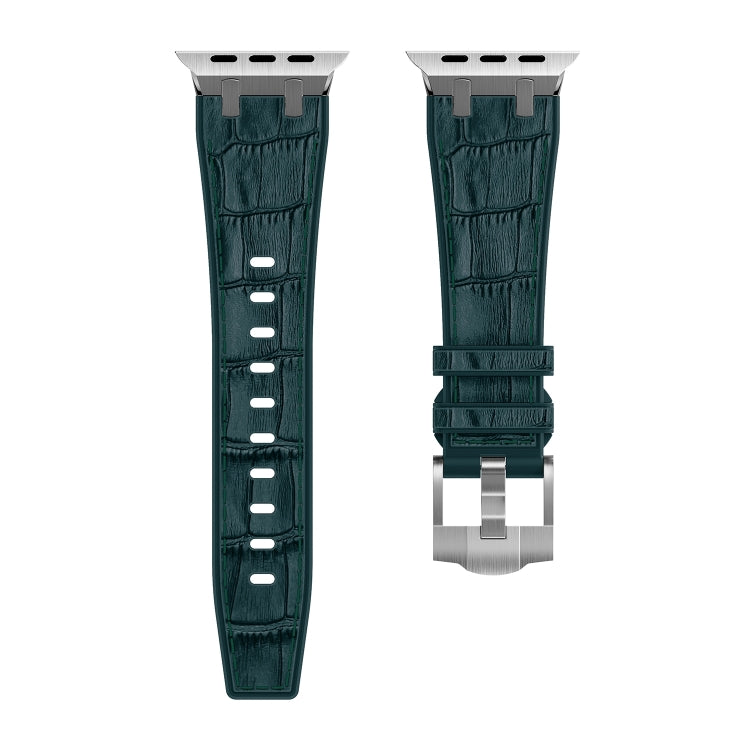 For Apple Watch SE 40mm Crocodile Texture Liquid Silicone Watch Band(Silver Deep Green)