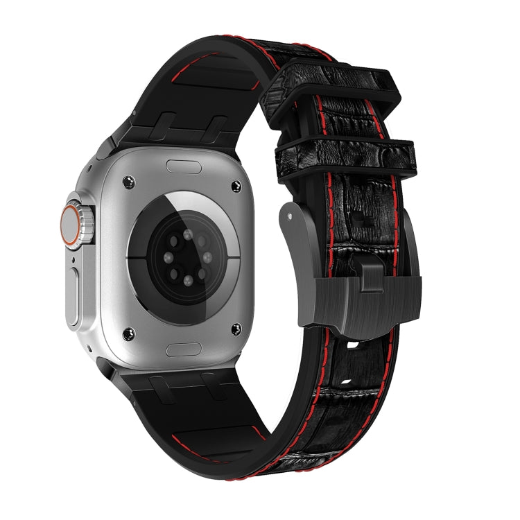 For Apple Watch SE 44mm Crocodile Texture Liquid Silicone Watch Band(Black Red Black)