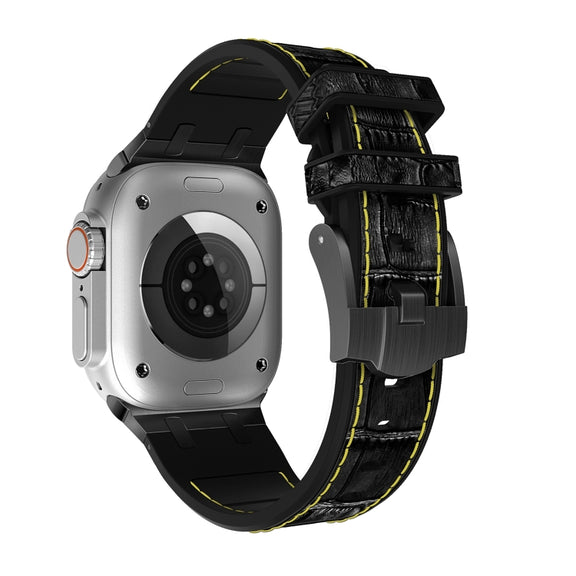 For Apple Watch SE 44mm Crocodile Texture Liquid Silicone Watch Band(Black Yellow Black)